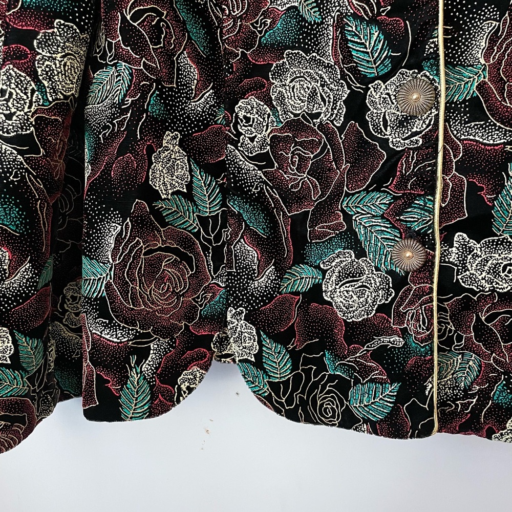 Vintage painted velvet floral holiday jacket, gold trim & buttons, size large - Picture 5 of 10